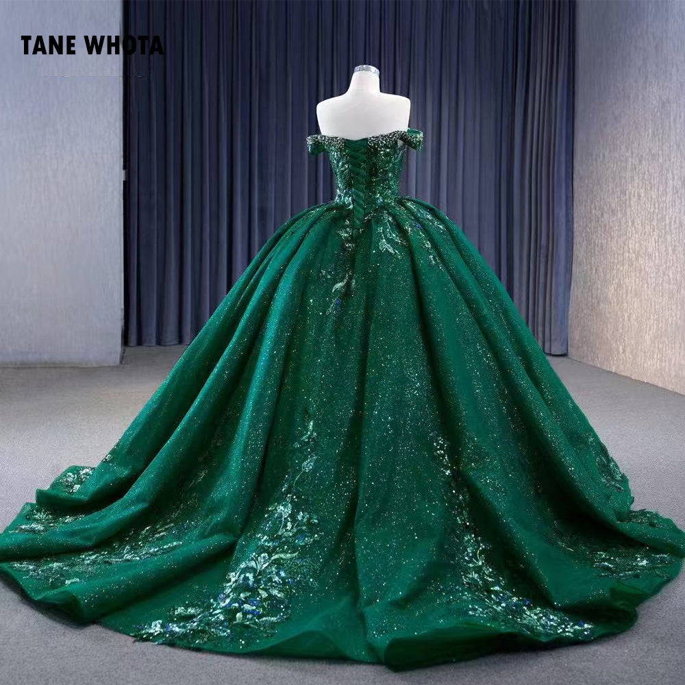 TW287 Vestidos Quinceañera Sweetheart Off Shoulder Lace Up Back Ball Gown Beading Crystal Sequined Customized Green Long Dress