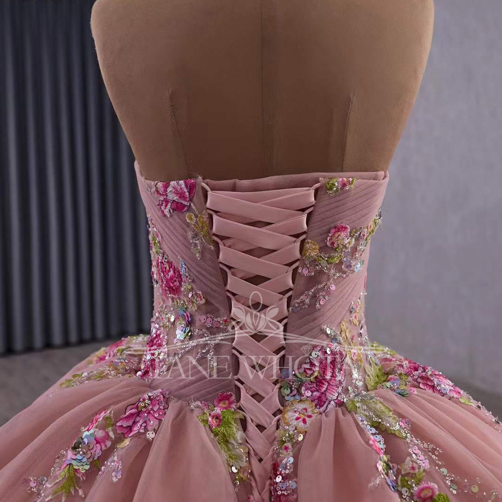 TW527 Pink Quinceañera Evening Gown With Lace-Up Back Detachable Jacket Sequined Embroidery Appliques Customizable Vestido