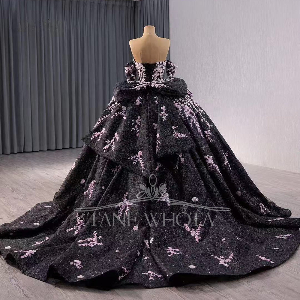 TW349 Vestidos Para Quinceañera Sweetheart Lace Up Back Beading Embroidery Bow Customized Black Luxury Long Dress