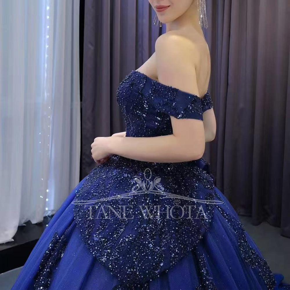 TW557 Customizable Blue Off-Shoulder Sweetheart Quinceañera Dress Lace-Up Back Beaded Sequined Embroidery 15th Birthday Prom Gown