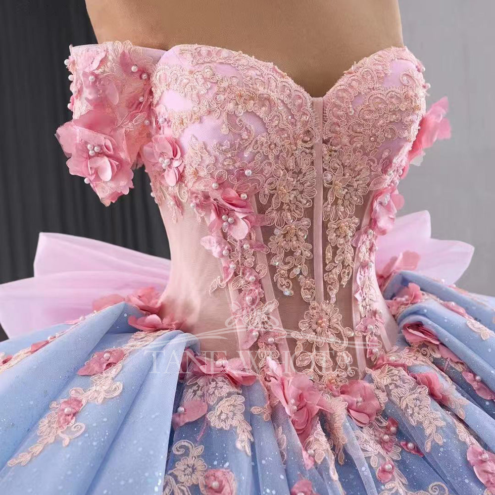 TW445 Girls 15 Quinceanera Dresses Pink Blue Sweetheart Off-Shoulder Lace-Up Back Embroidered Beaded Sequined Appliques Bow Detail