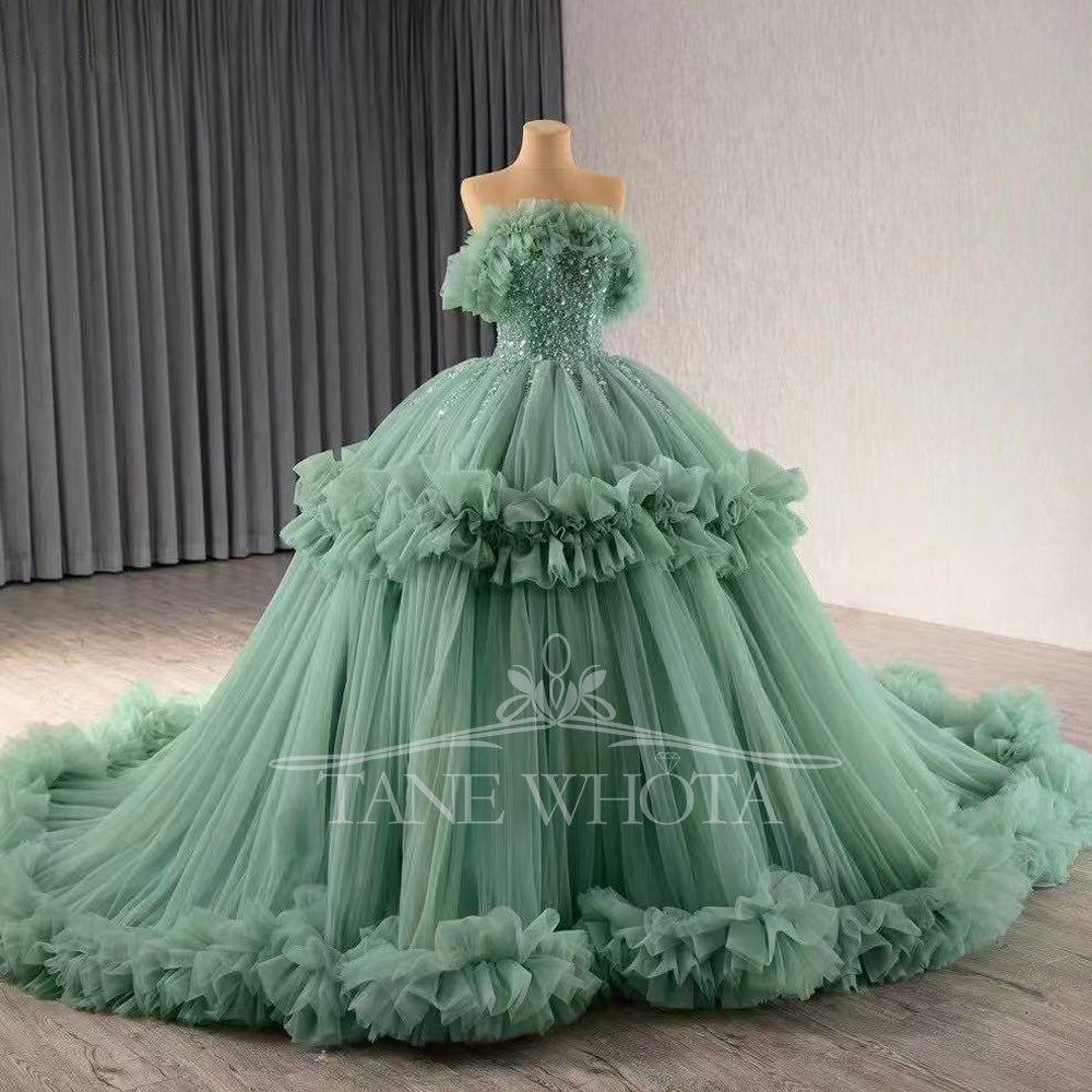 TW455 Green Strapless Quinceanera Dress With Lace-Up Back Sequined Beading Customized Luxury Party Gown For Girls