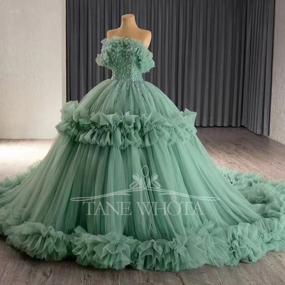 TW455 Green Strapless Quinceanera Dress With Lace-Up Back Sequined Beading Customized Luxury Party Gown For Girls