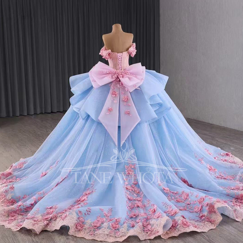 TW445 Girls 15 Quinceanera Dresses Pink Blue Sweetheart Off-Shoulder Lace-Up Back Embroidered Beaded Sequined Appliques Bow Detail