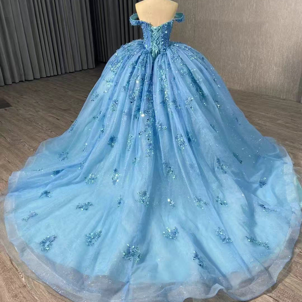 TW126 Vestidos De 15 Off Shoulder Sweetheart Appliques Flower Lace Up Back Blue Luxury Long Dress For Special Occasions
