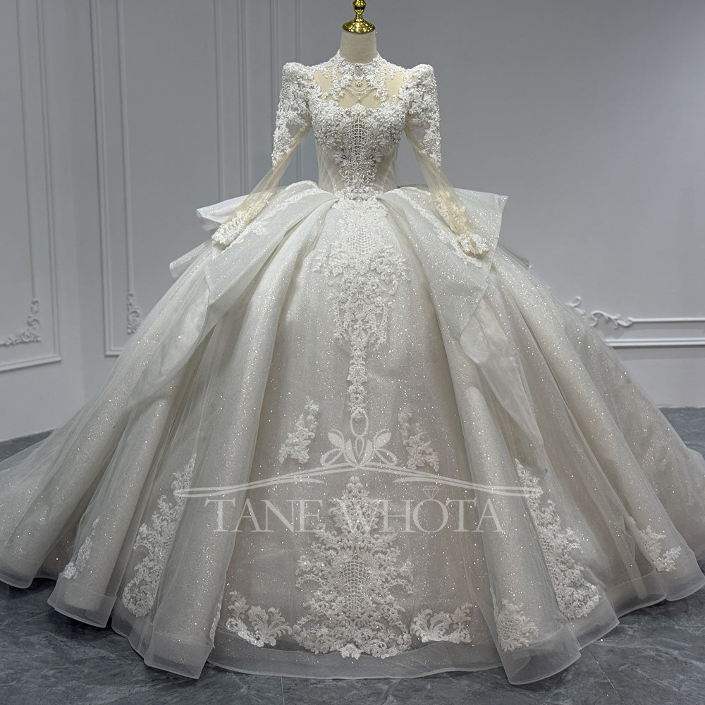 TW813 High Neck Long Sleeve Wedding Dress With Lace-Up Keyhole Back Beaded Crystal Embroidery Customizable Boda Vestidos