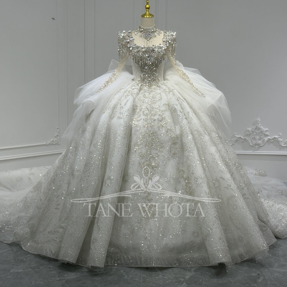 TW801 High Neck Long Sleeve Wedding Dress Lace Up Keyhole Back Beaded Sequined Crystal Bow Customizable Vestidos De Noivas