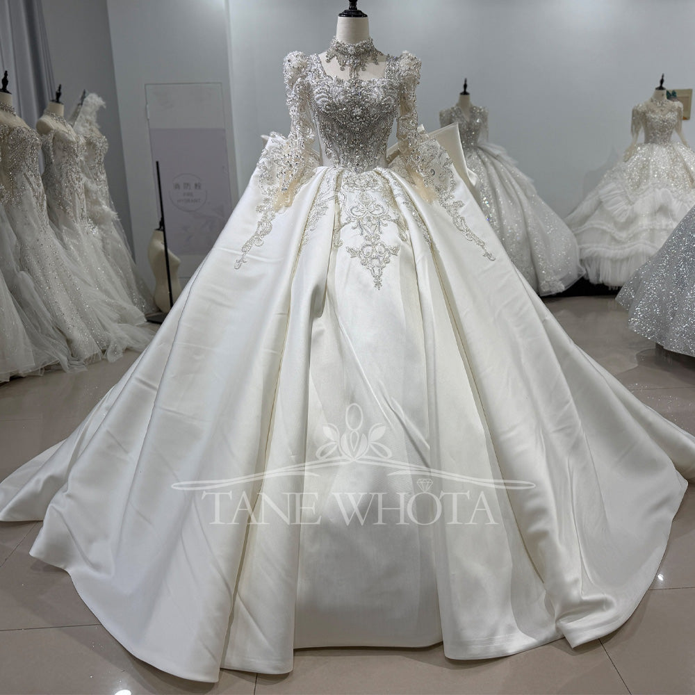 TW819 Customizable Square Collar Wedding Dress Long Sleeves Bow Beaded Sequined Design Lace-Up Back Bridal Gown