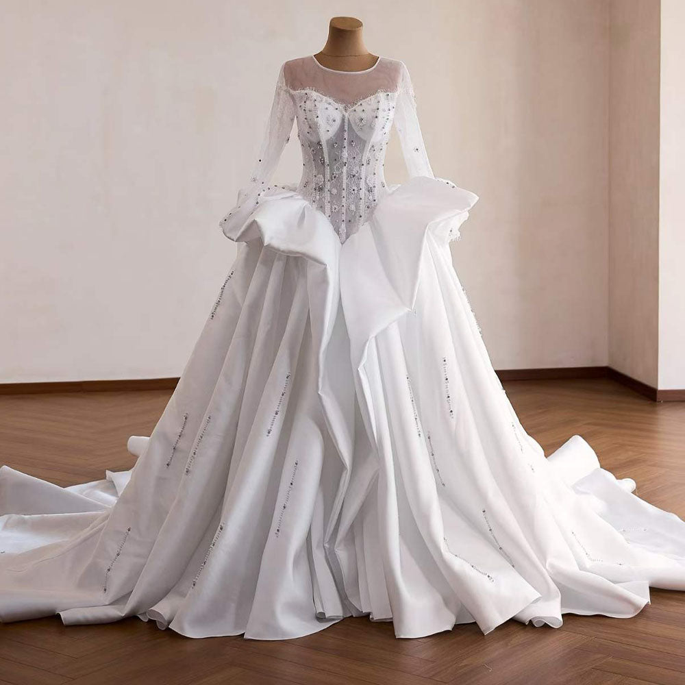 O-Neck Long Sleeve Wedding Dress Embroidery Beading Zipper Ball Gown Elegant Bridal Gown