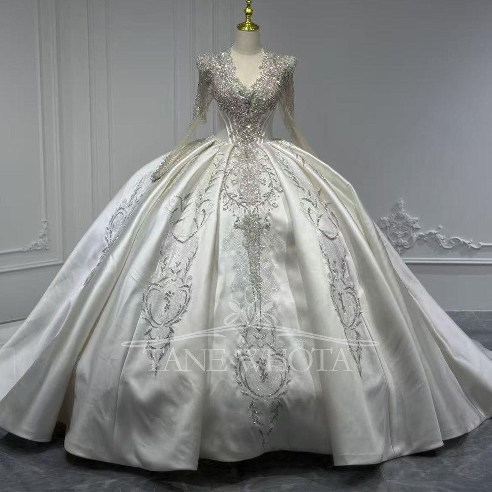 TW816 V-Neck Long Sleeve Wedding Dress With Lace-Up Keyhole Back Beaded Sequined Crystal Detail Customizable Gown