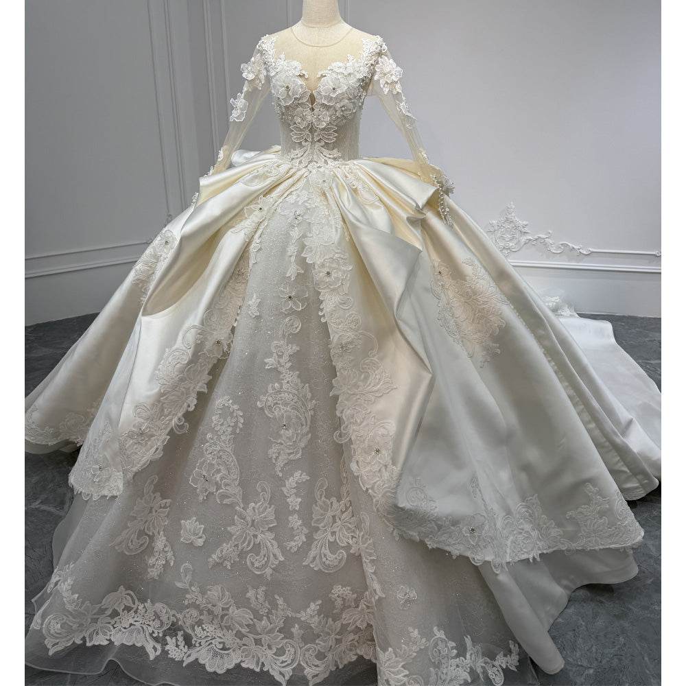 TW977 2026 O-Neck Long Sleeve Wedding Dress With Button Appliques And Pearls Customizable Vestido Novias