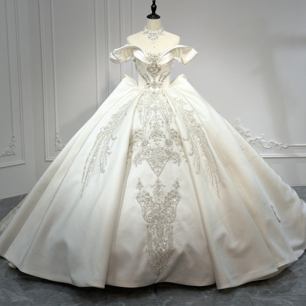 TW893 Wedding Dress Satin Sweetheart Off The Shoulder Lace Up Back Sequined Crystal Lace Detail Customizable Bridal Gown