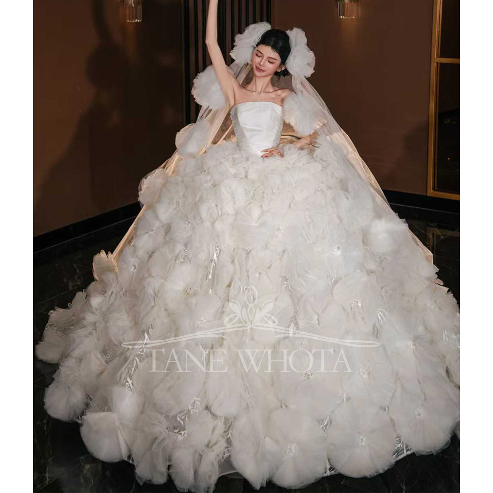 TW794 Luxury Strapless Wedding Dress Sleeveless Lace Up Back 3D Flower Ball Gown Customizable Düğün Elbisesi