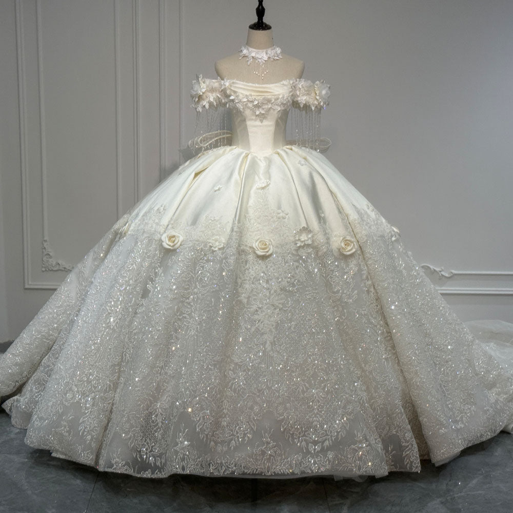 TW1095 Customizable Strapless Off-The-Shoulder Wedding Dress With Lace-Up Back Pearls Appliques Bow Bridal Gown 2026
