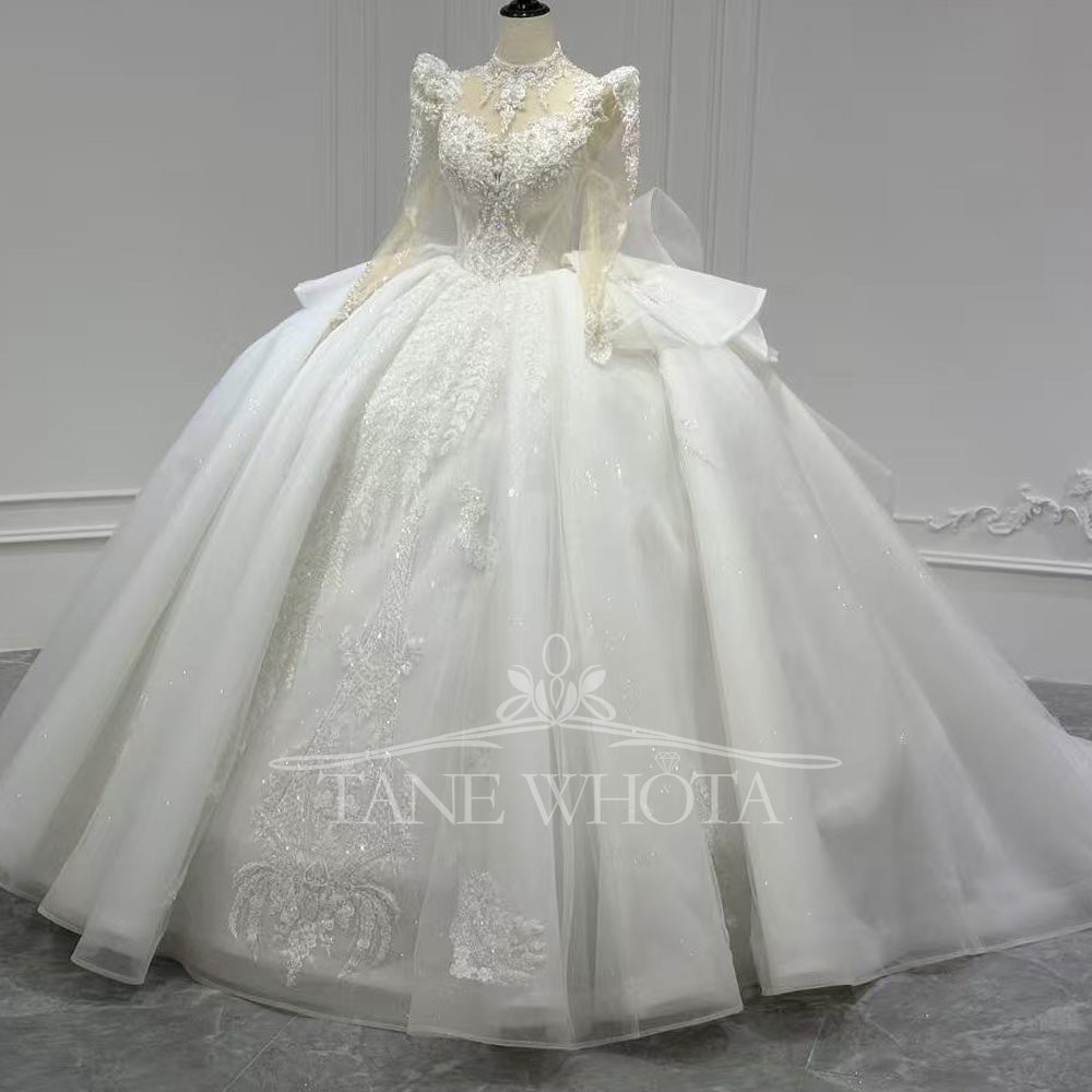 Abiti Da Sposa 2025 High Neck Long Sleeve Wedding Dress Beading Sequined Embroidery Bow Detail Lace Up Back Customizable Fit