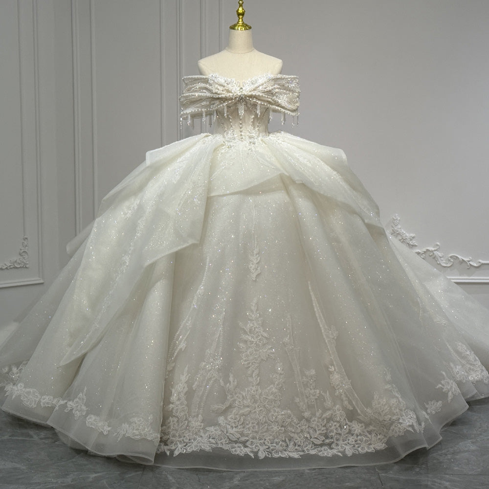 TW969 Elegant Sweetheart Off The Shoulder Wedding Dress Lace Up Back Crystal Pearls Customizable Bridal Gown