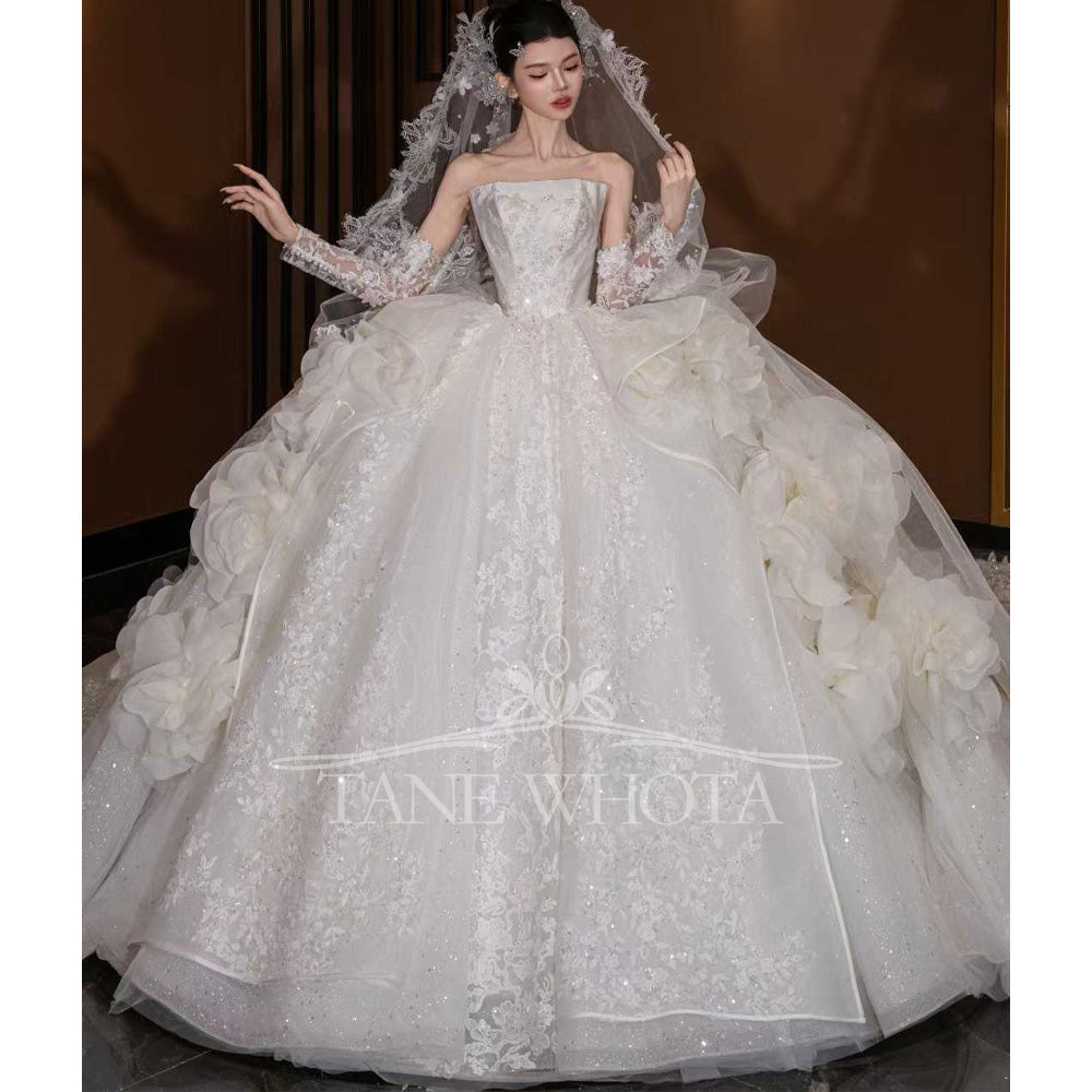 TW798 Robe De Marie Strapless Bridal Dress Long Sleeve Embroidery Sequined Customized Wedding Dress