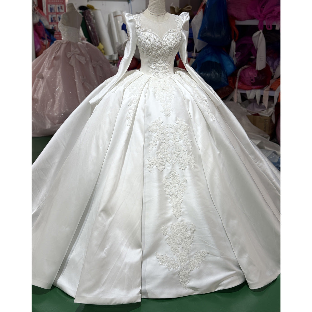 TW935 Lace-Up Keyhole Back O-Neck Long Sleeve Wedding Dress Customized Pearls Embroidery Bridal Gown