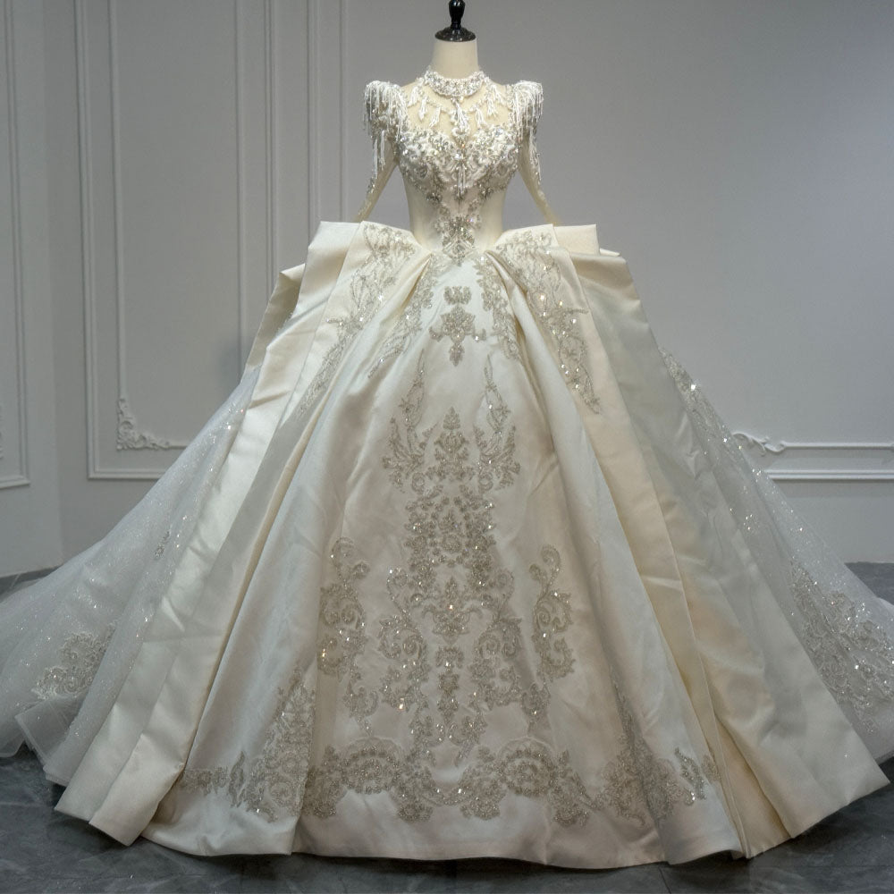 TW1094 2026 Bridal Dress With Long Sleeves Lace-Up Keyhole Back Beading & Crystal Detail Customizable Turtle Neck Gown For Weddings