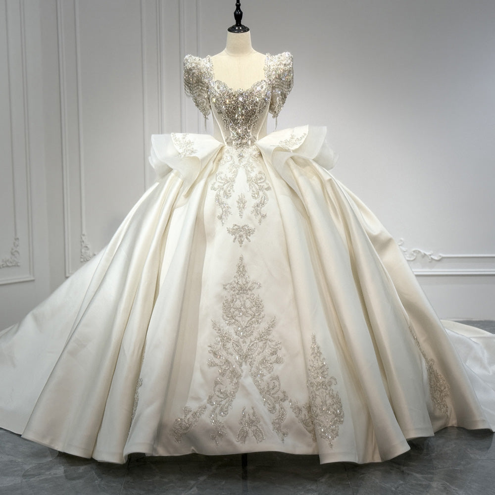 TW927 Luxury Sweetheart Wedding Dress With Short Sleeves Lace-Up Back Pearls & Crystal Embroidery Customizable Bridal Gown