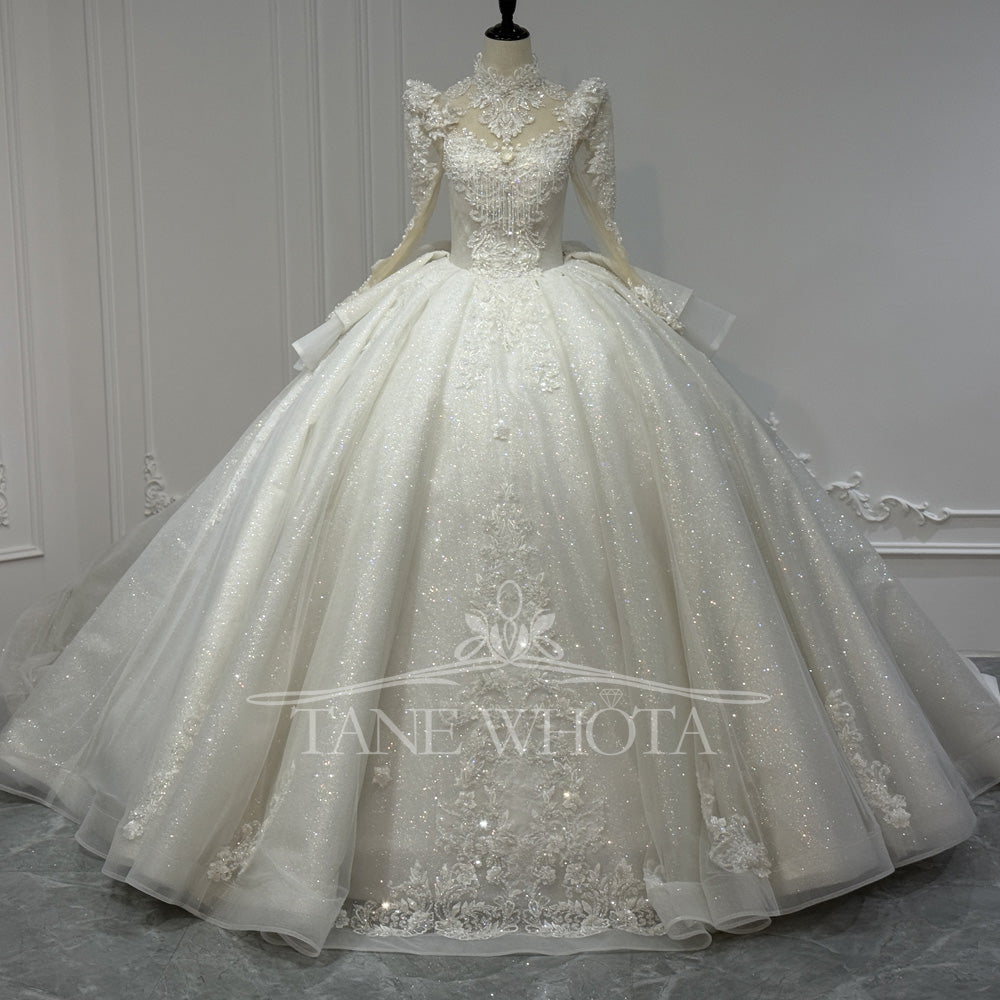 TW841 Luxury Turtle Wedding Dress Shiny Long Sleeve Lace Up Keyhole Ba – Tane Whota Wedding Dress