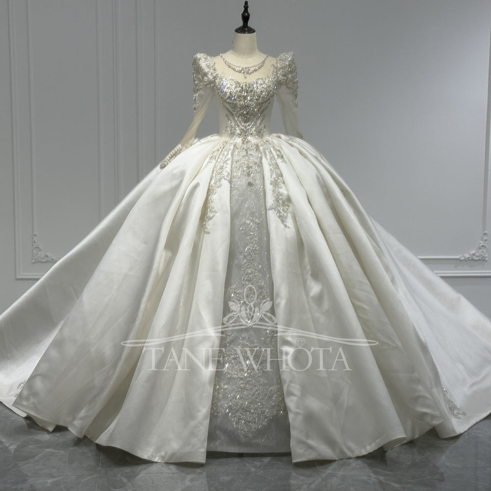 TW810 Crystal Beaded Sequined O-Neck Long Sleeve Wedding Dress With Detachable Ruffles Lace-Up Keyhole Back Customizable Ball Gown