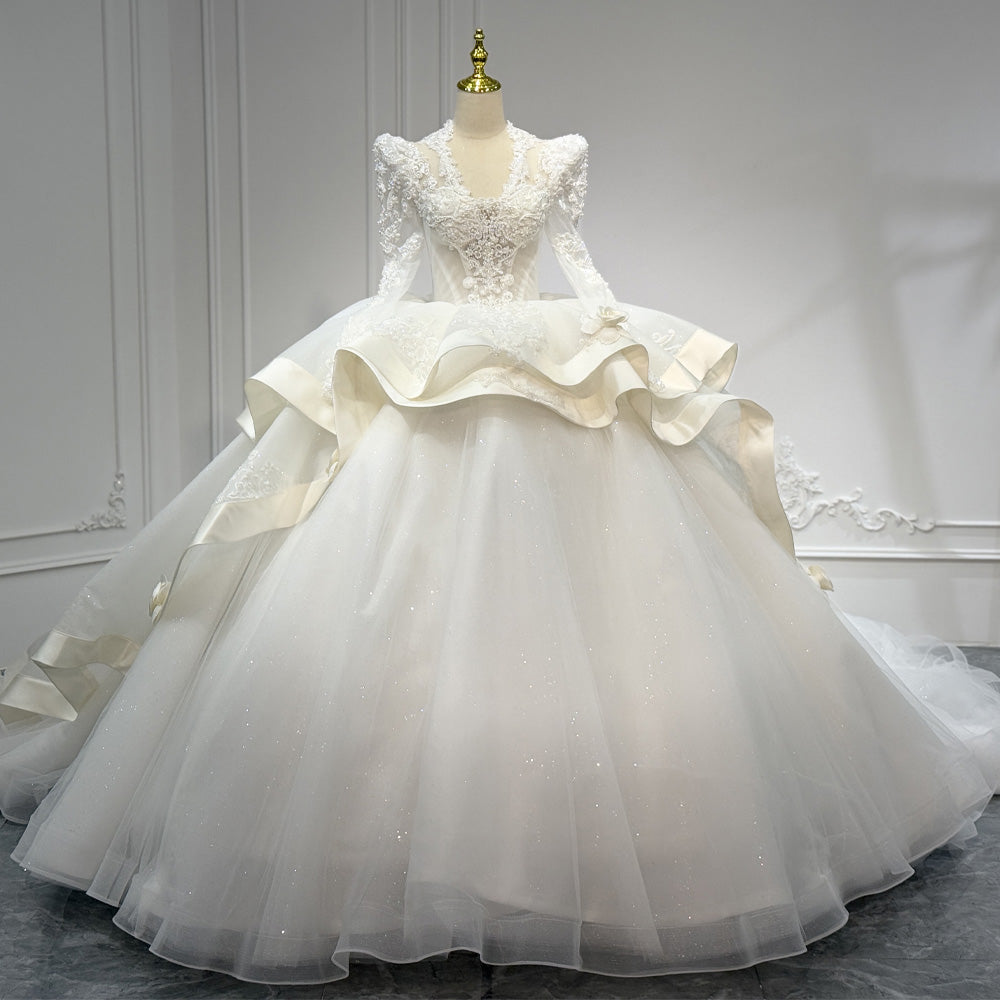 TW892 New V-Neck Long Sleeve Wedding Dress With Lace Up Keyhole Back Beaded Pearls Embroidery Customizable