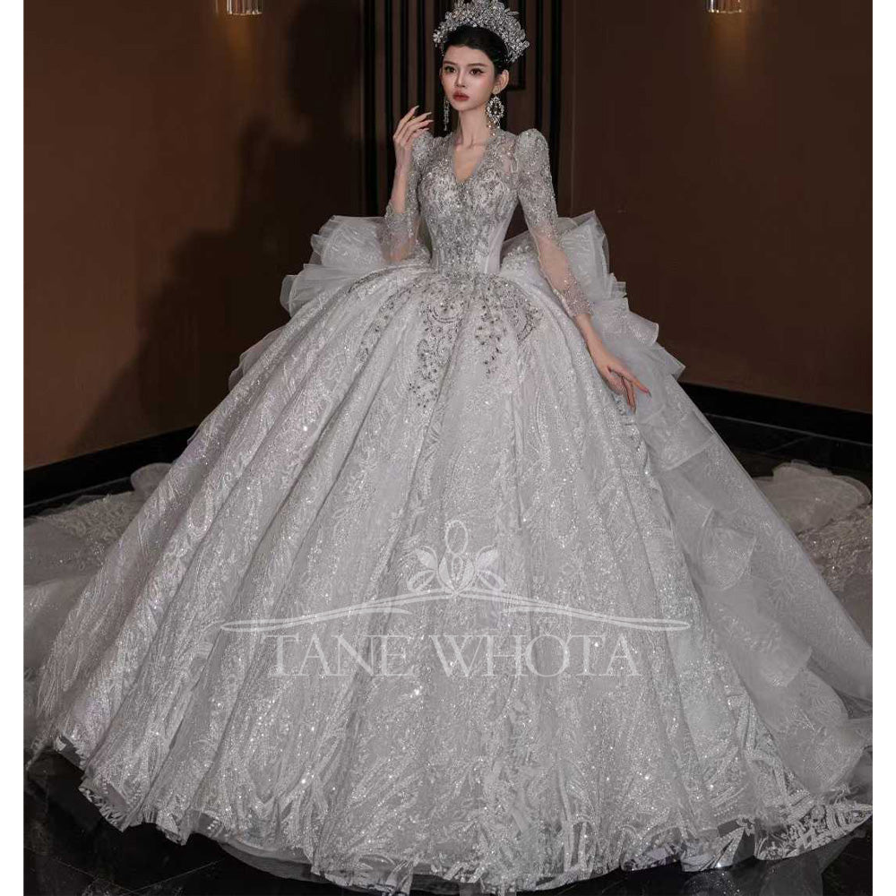 TW800 Luxury V-Neck Wedding Dress Long Sleeves Lace Up Keyhole Back Embroidered Sequined Beading Customizable Encaje Vestido De Novia