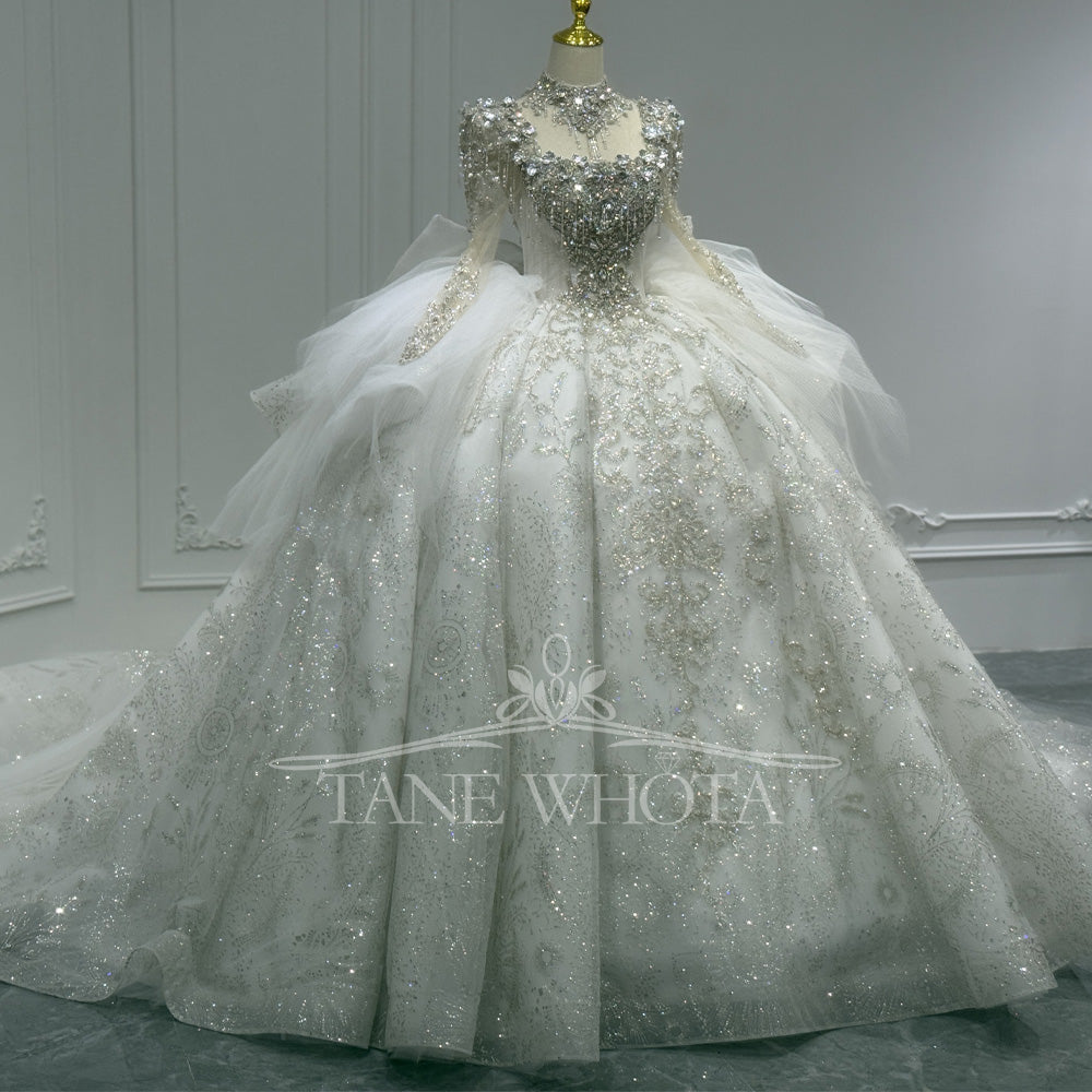 TW801 High Neck Long Sleeve Wedding Dress Lace Up Keyhole Back Beaded Sequined Crystal Bow Customizable Vestidos De Noivas