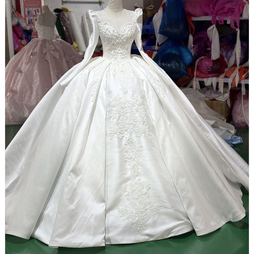 TW935 Lace-Up Keyhole Back O-Neck Long Sleeve Wedding Dress Customized Pearls Embroidery Bridal Gown