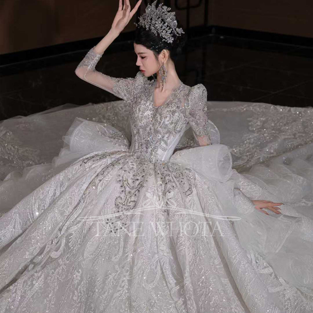 TW800 Luxury V-Neck Wedding Dress Long Sleeves Lace Up Keyhole Back Embroidered Sequined Beading Customizable Encaje Vestido De Novia