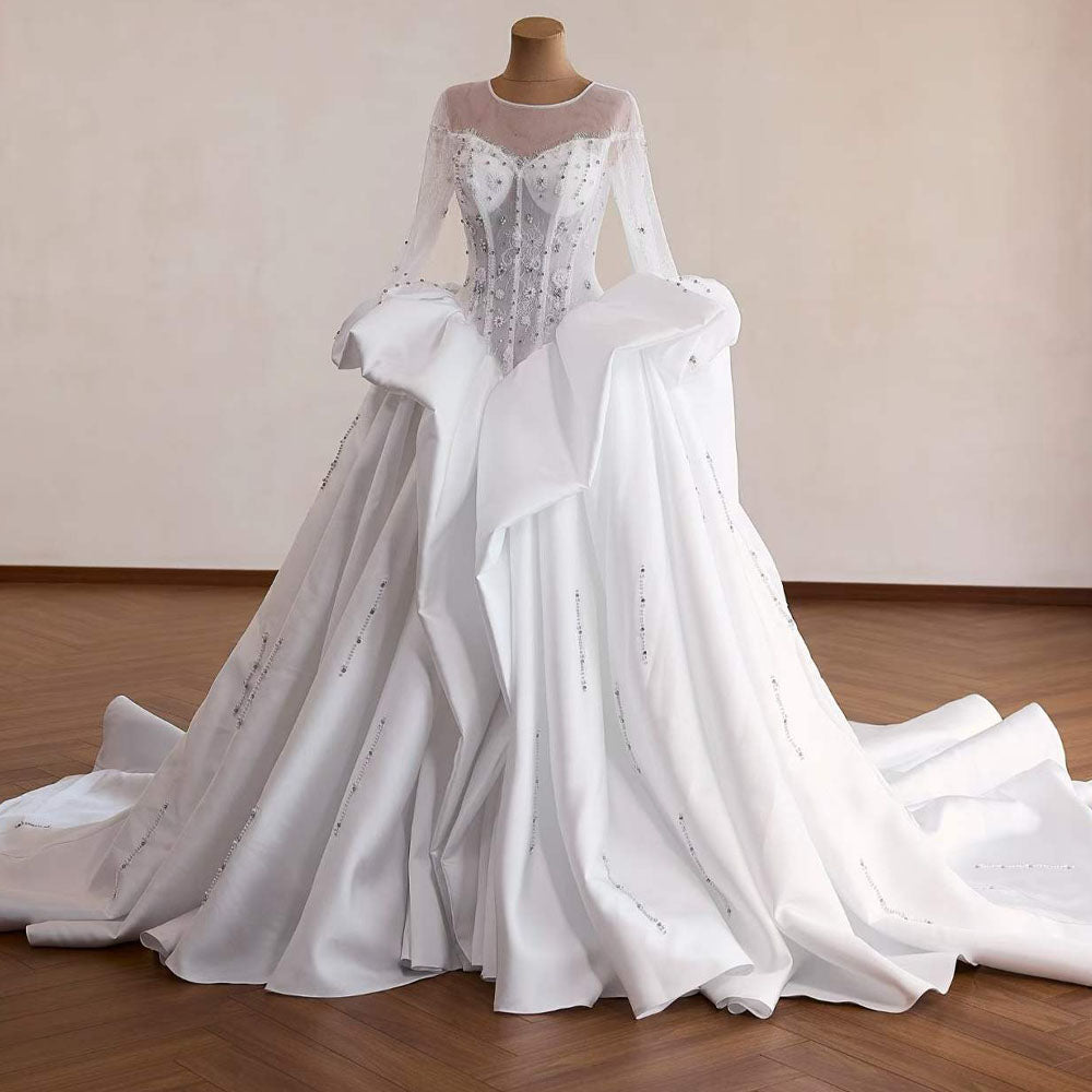 O-Neck Long Sleeve Wedding Dress Embroidery Beading Zipper Ball Gown Elegant Bridal Gown