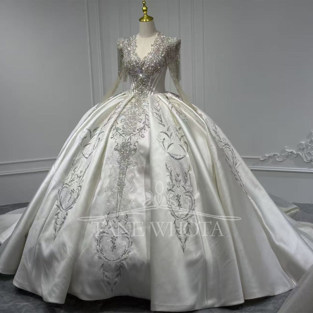 TW816 V-Neck Long Sleeve Wedding Dress With Lace-Up Keyhole Back Beaded Sequined Crystal Detail Customizable Gown