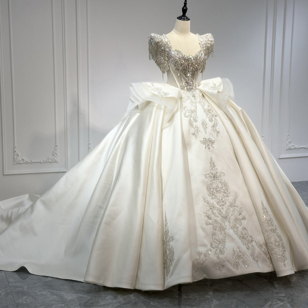 TW927 Luxury Sweetheart Wedding Dress With Short Sleeves Lace-Up Back Pearls & Crystal Embroidery Customizable Bridal Gown