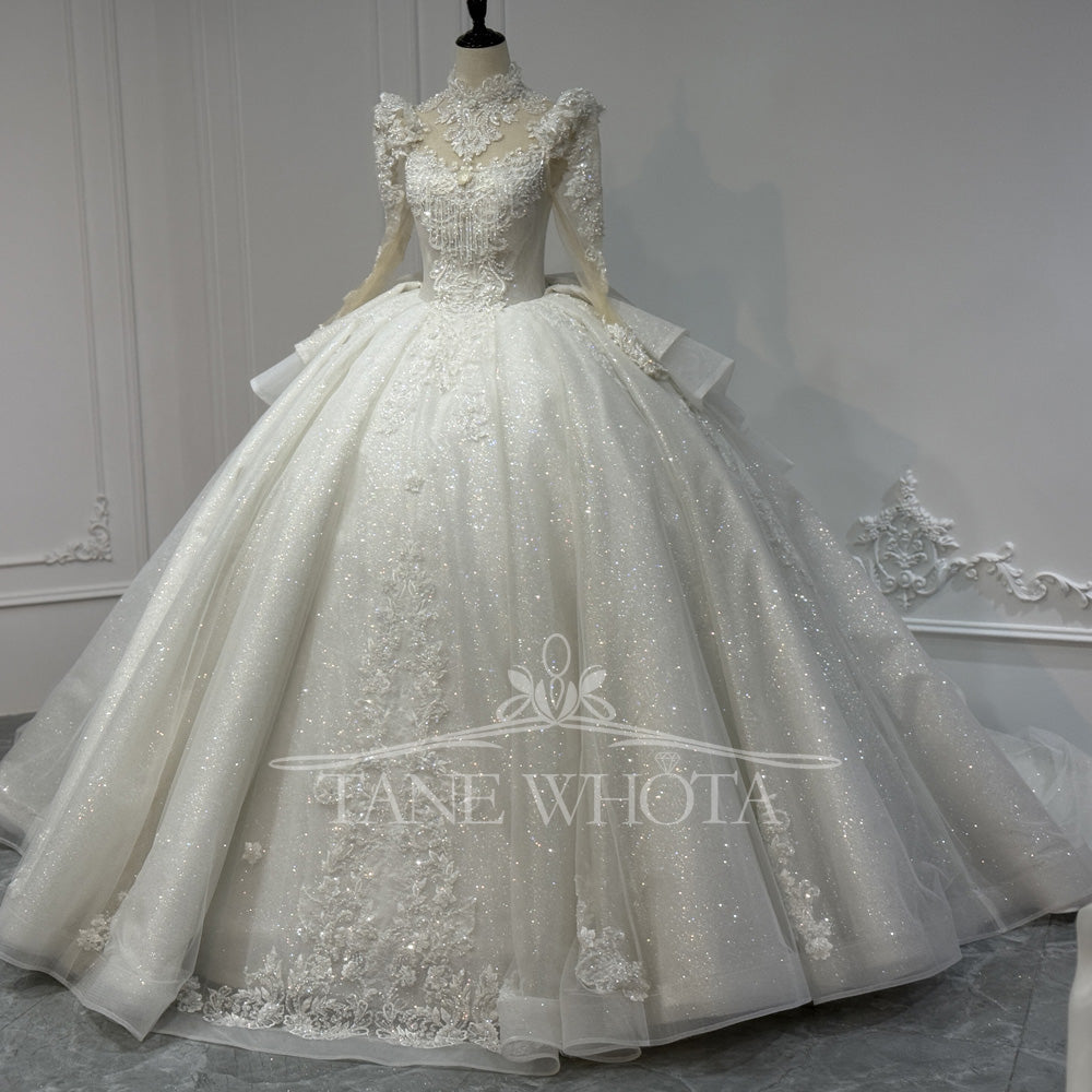 TW841 Luxury Turtle Wedding Dress Shiny Long Sleeve Lace Up Keyhole Ba – Tane Whota Wedding Dress