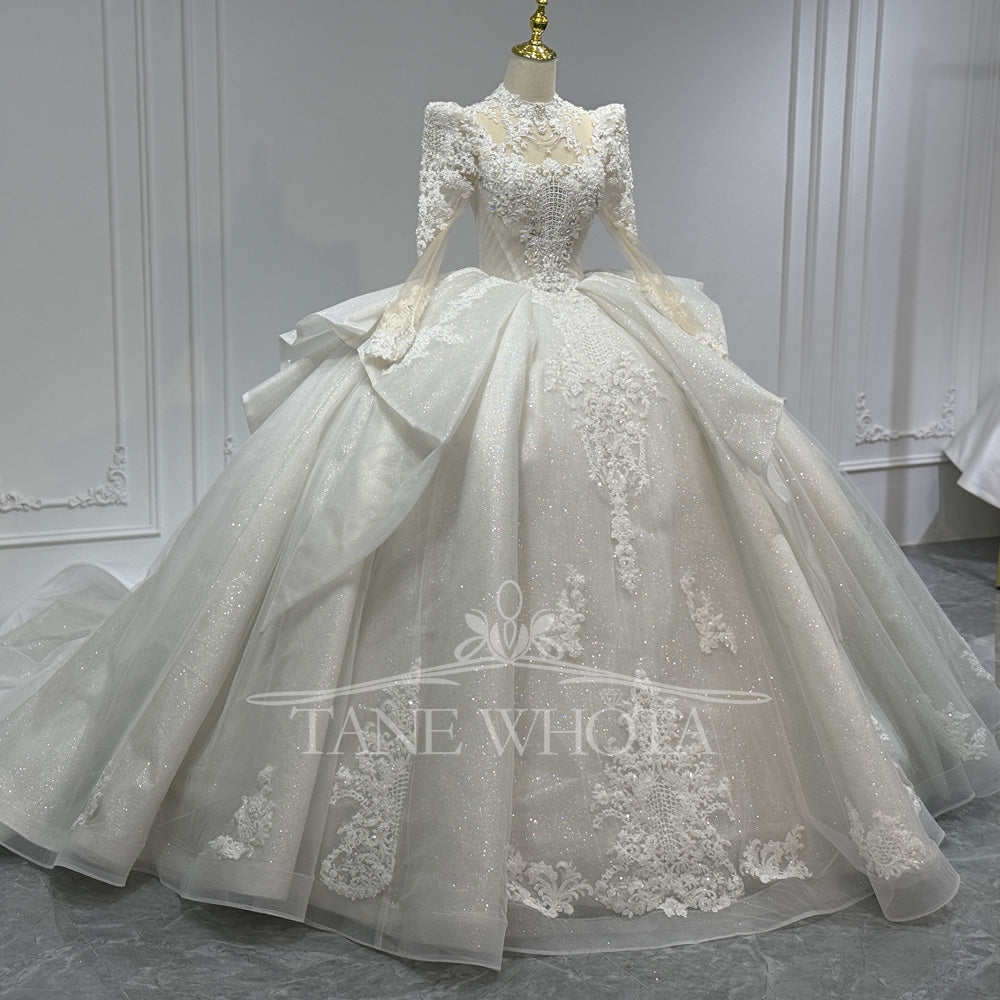 TW813 High Neck Long Sleeve Wedding Dress With Lace-Up Keyhole Back Beaded Crystal Embroidery Customizable Boda Vestidos