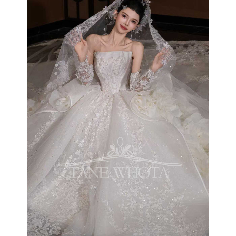 TW798 Robe De Marie Strapless Bridal Dress Long Sleeve Embroidery Sequined Customized Wedding Dress
