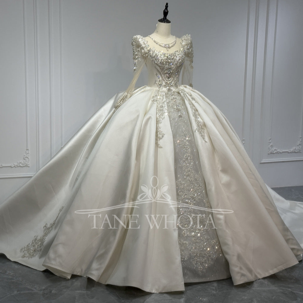 TW810 Crystal Beaded Sequined O-Neck Long Sleeve Wedding Dress With Detachable Ruffles Lace-Up Keyhole Back Customizable Ball Gown