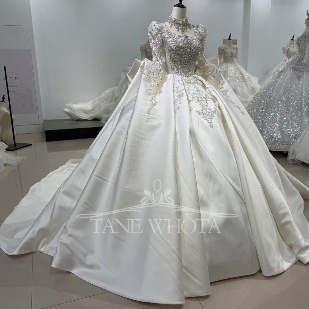 TW819 Customizable Square Collar Wedding Dress Long Sleeves Bow Beaded Sequined Design Lace-Up Back Bridal Gown