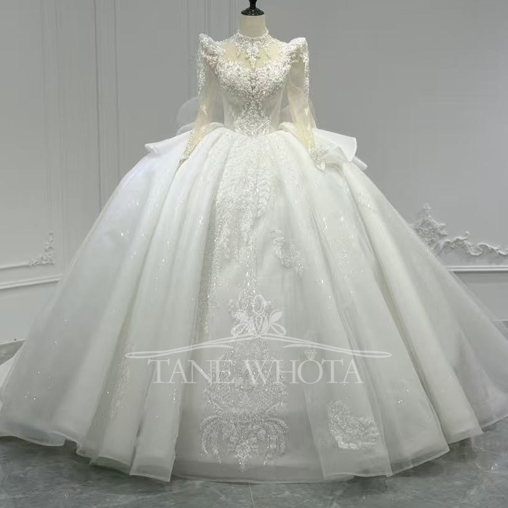 Abiti Da Sposa 2025 High Neck Long Sleeve Wedding Dress Beading Sequined Embroidery Bow Detail Lace Up Back Customizable Fit