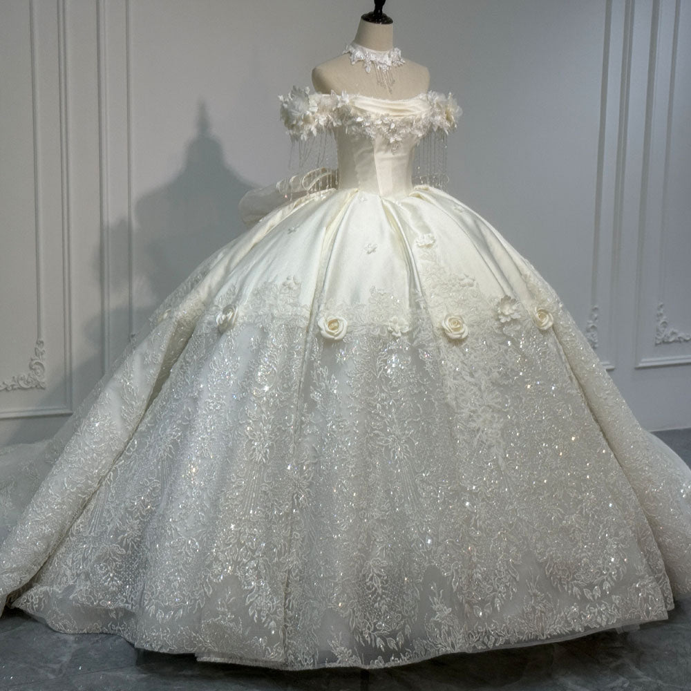 TW1095 Customizable Strapless Off-The-Shoulder Wedding Dress With Lace-Up Back Pearls Appliques Bow Bridal Gown 2026