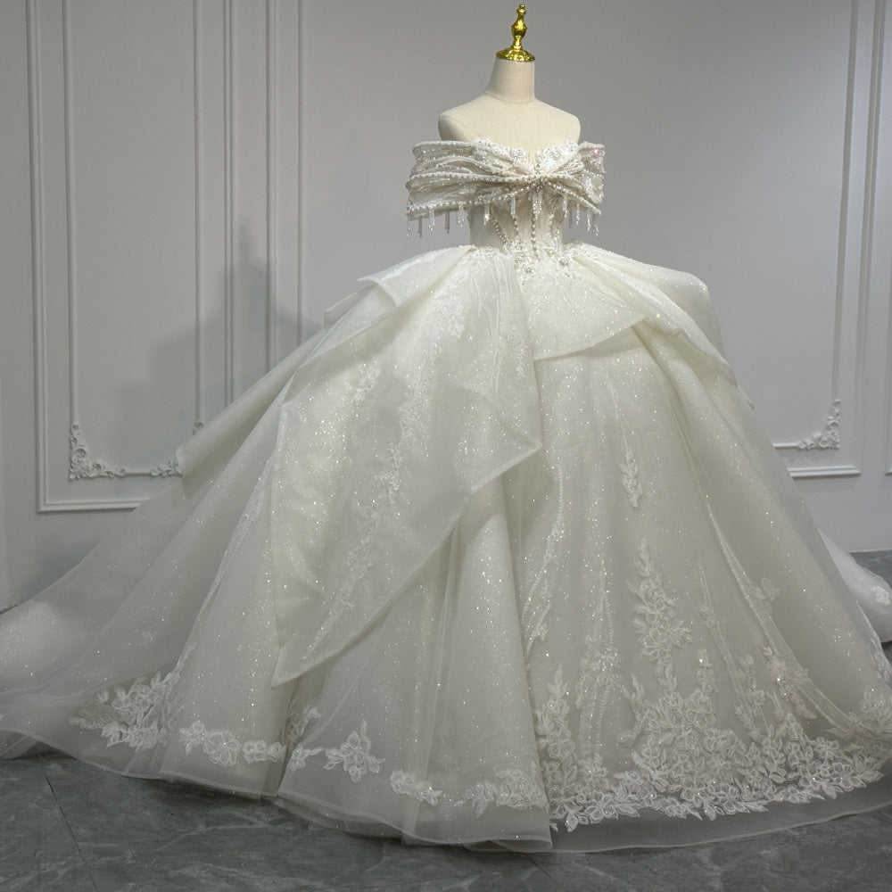 TW969 Elegant Sweetheart Off The Shoulder Wedding Dress Lace Up Back Crystal Pearls Customizable Bridal Gown