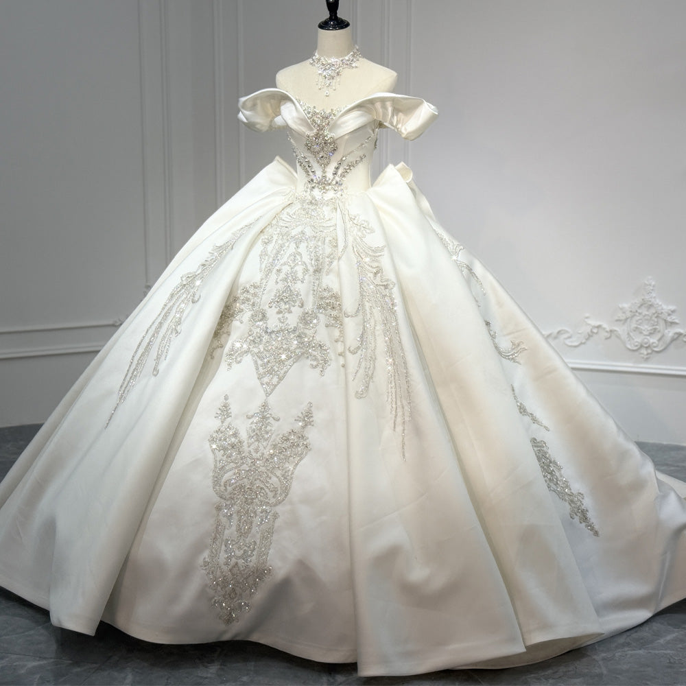 TW893 Wedding Dress Satin Sweetheart Off The Shoulder Lace Up Back Sequined Crystal Lace Detail Customizable Bridal Gown