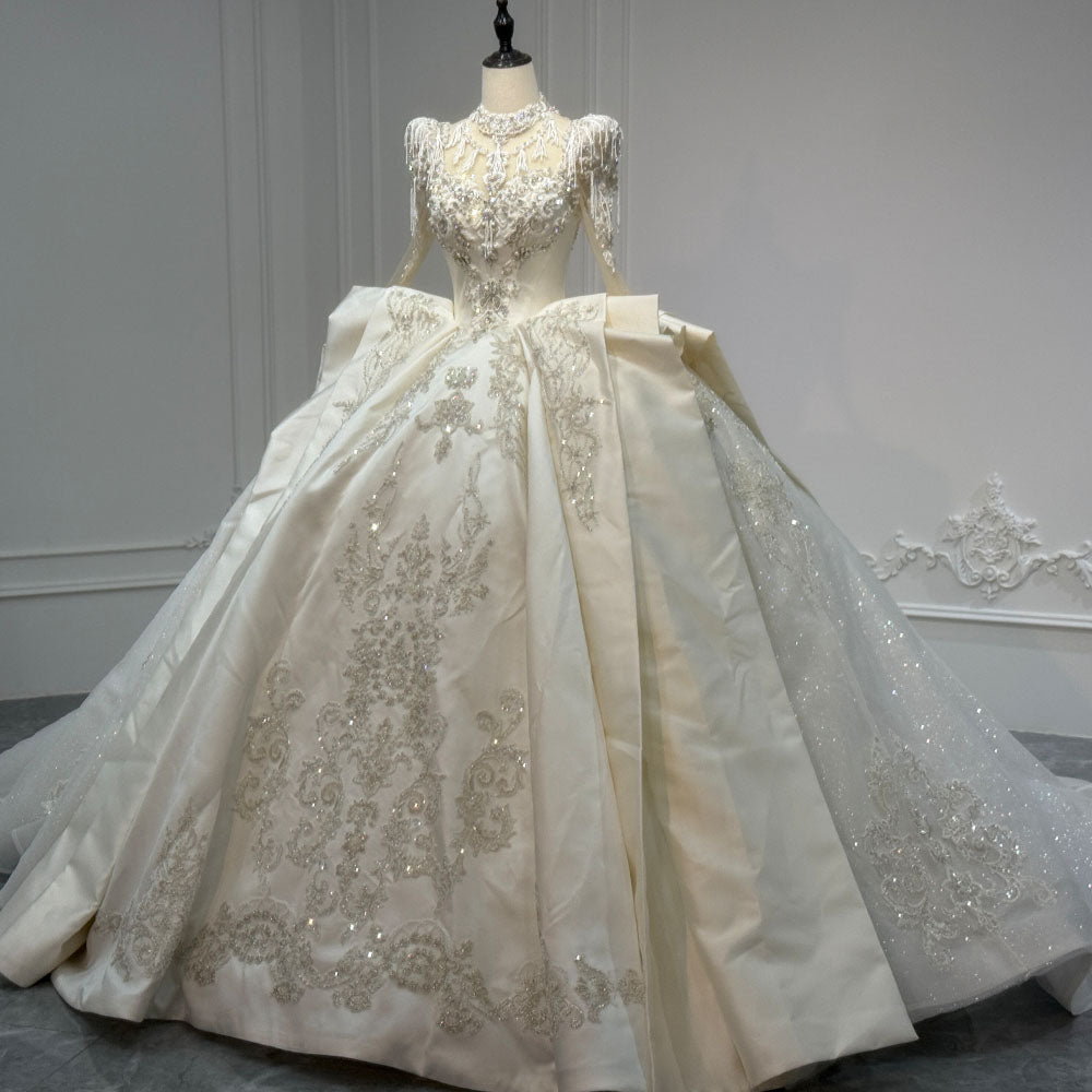 TW1094 2026 Bridal Dress With Long Sleeves Lace-Up Keyhole Back Beading & Crystal Detail Customizable Turtle Neck Gown For Weddings