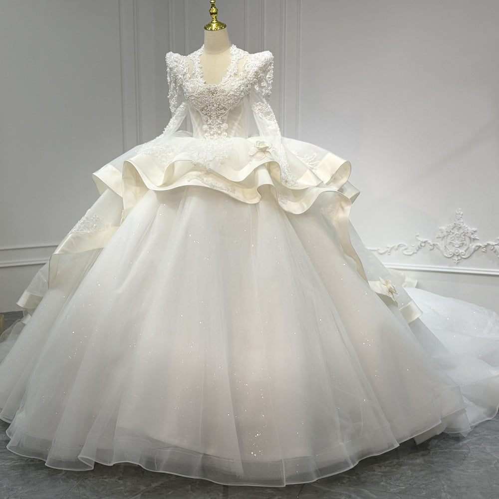 TW892 New V-Neck Long Sleeve Wedding Dress With Lace Up Keyhole Back Beaded Pearls Embroidery Customizable