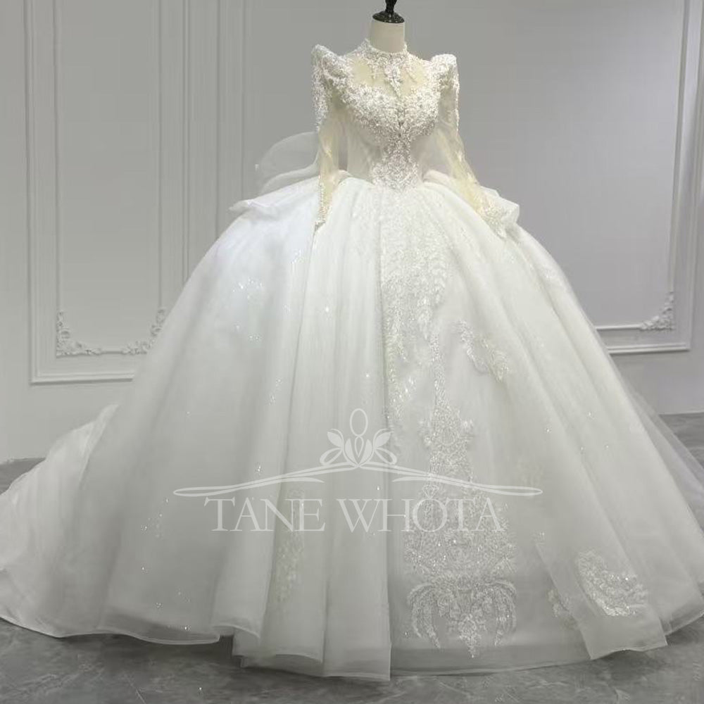 Abiti Da Sposa 2025 High Neck Long Sleeve Wedding Dress Beading Sequined Embroidery Bow Detail Lace Up Back Customizable Fit