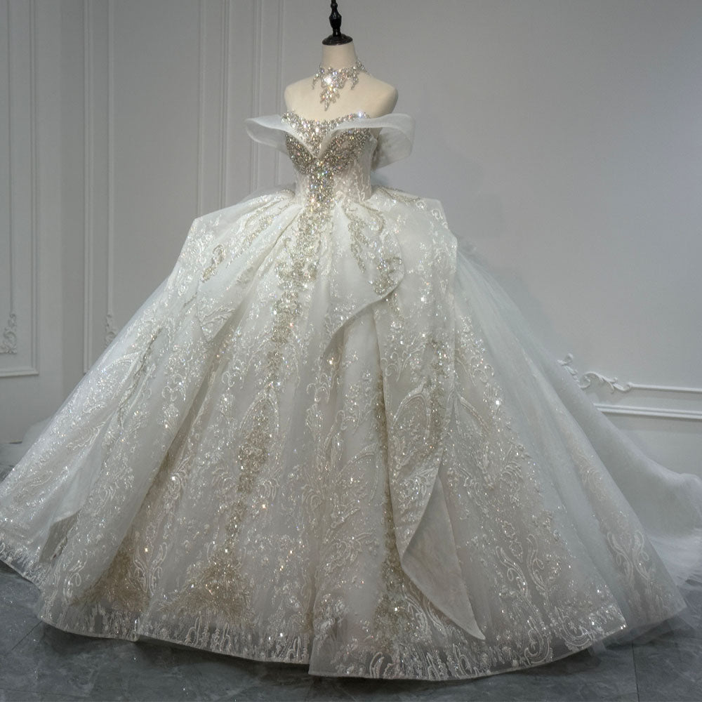TW1096 Sweetheart Off-The-Shoulder Customizable 2026 Wedding Dress Lace-Up Back Embroidered Crystal Bridal Gown