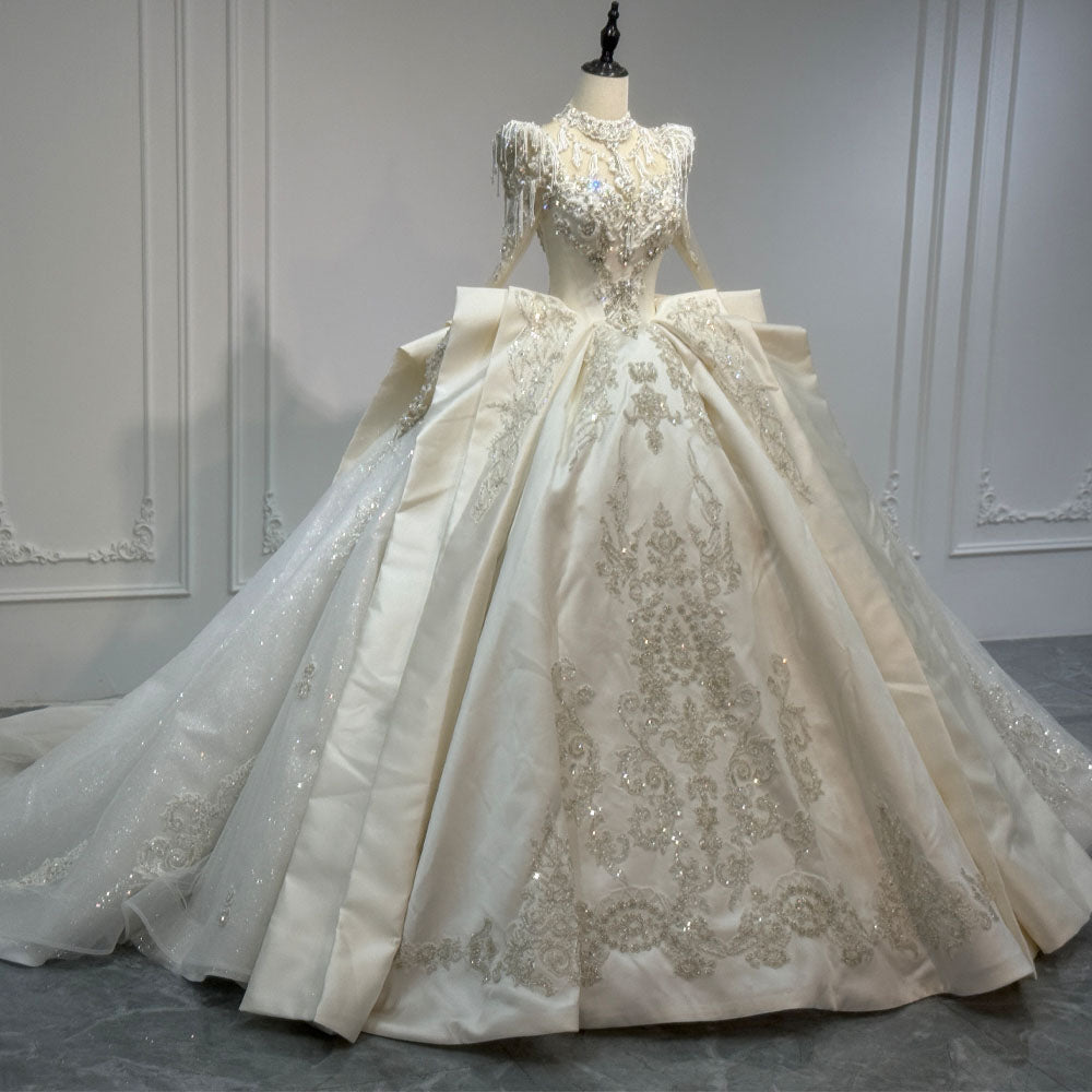 TW1094 2026 Bridal Dress With Long Sleeves Lace-Up Keyhole Back Beading & Crystal Detail Customizable Turtle Neck Gown For Weddings
