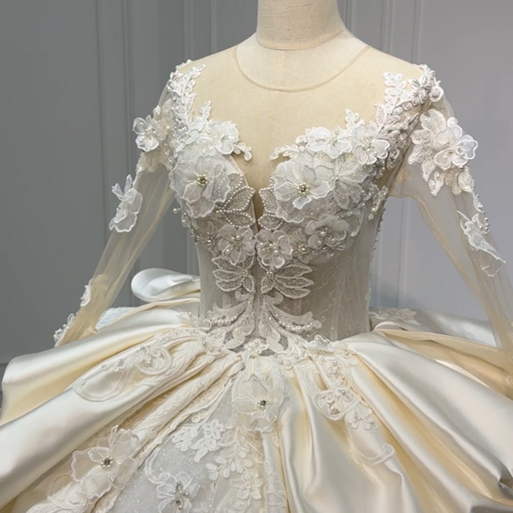 TW977 2026 O-Neck Long Sleeve Wedding Dress With Button Appliques And Pearls Customizable Vestido Novias