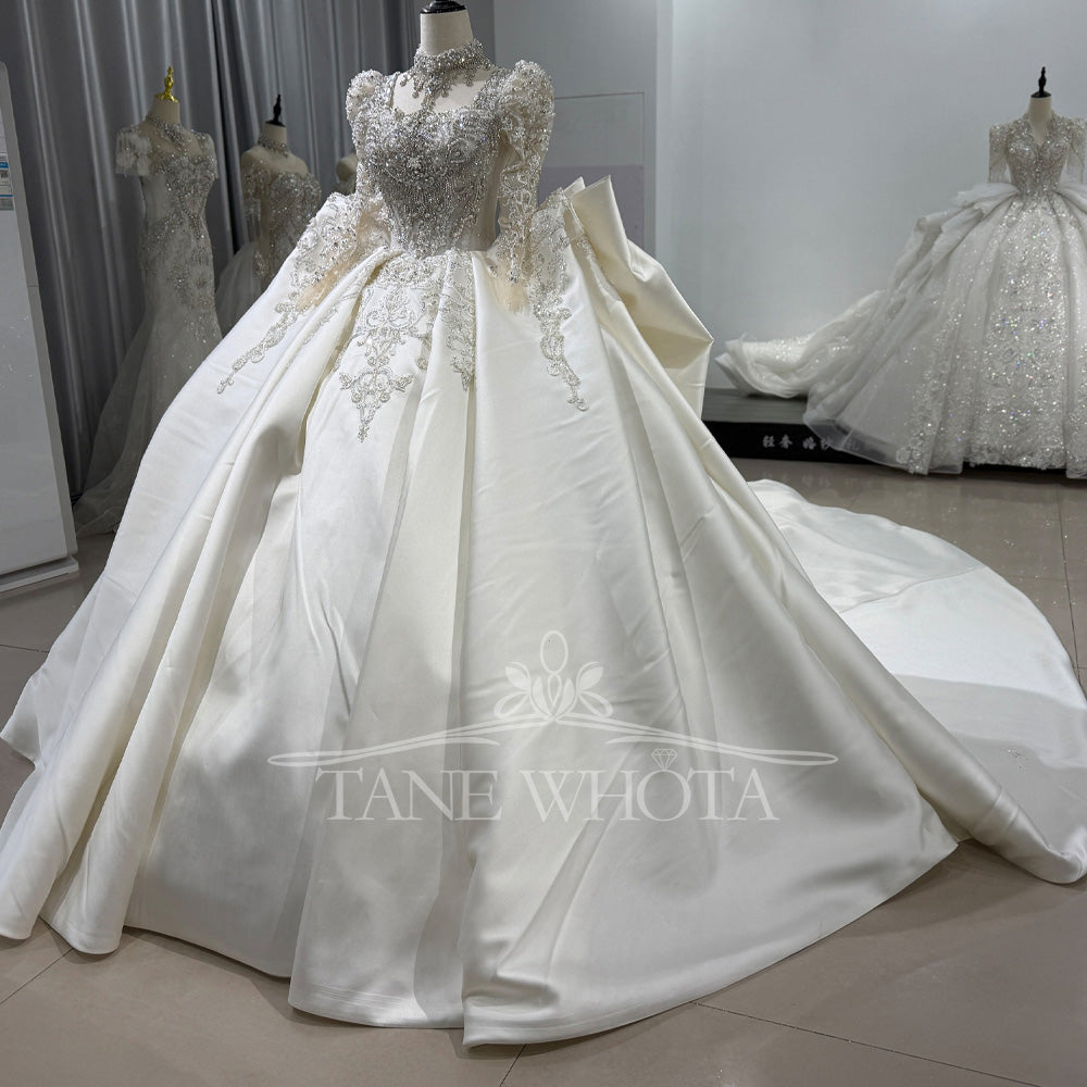 TW819 Customizable Square Collar Wedding Dress Long Sleeves Bow Beaded Sequined Design Lace-Up Back Bridal Gown